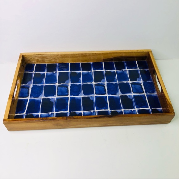 Gibson Elite Rectangle Serving Tray Dark Blue Enameled Handles Decor Display - Picture 2 of 6